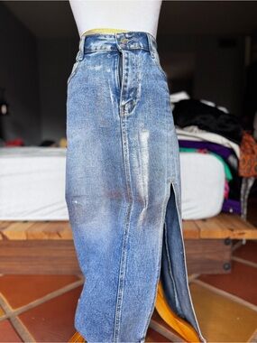 Silver-Overlay Metallic High-Waist Denim Skirt with Side Slit